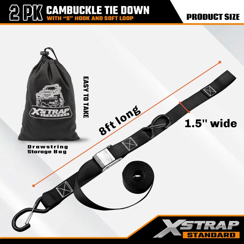 XSTRAP STANDARD Motorcycle Tie Down Straps (2 Pack) 3,000lb Break Strength, 1.5 in X 8FT Heavy-Duty Cambuckle Tie Down Set with S Hook and Soft Loops, Black - Image 3